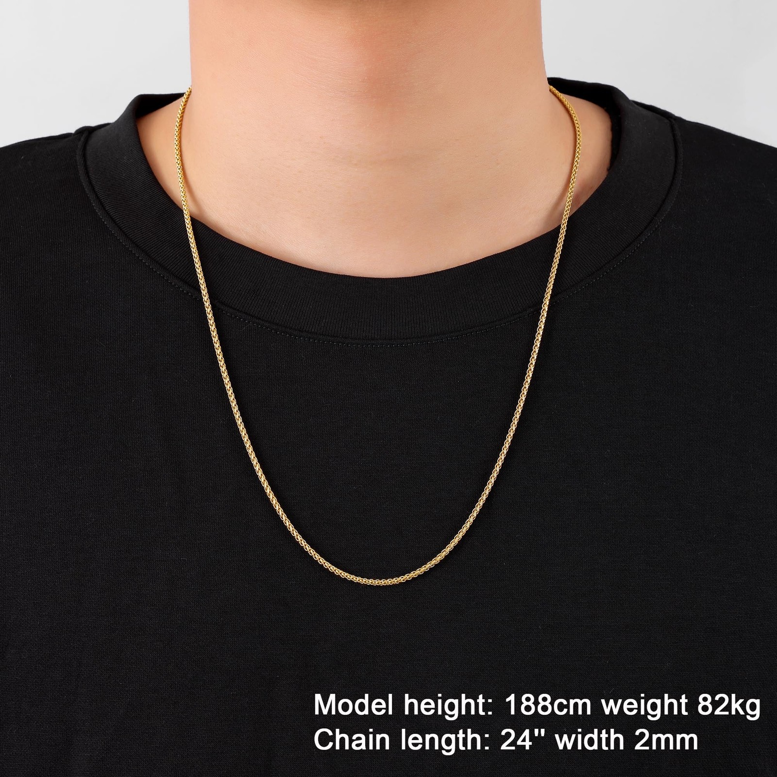 14K Gold Plated Wheat Chain Necklace for Men, 2mm 14K Gold Plated Stainless S…