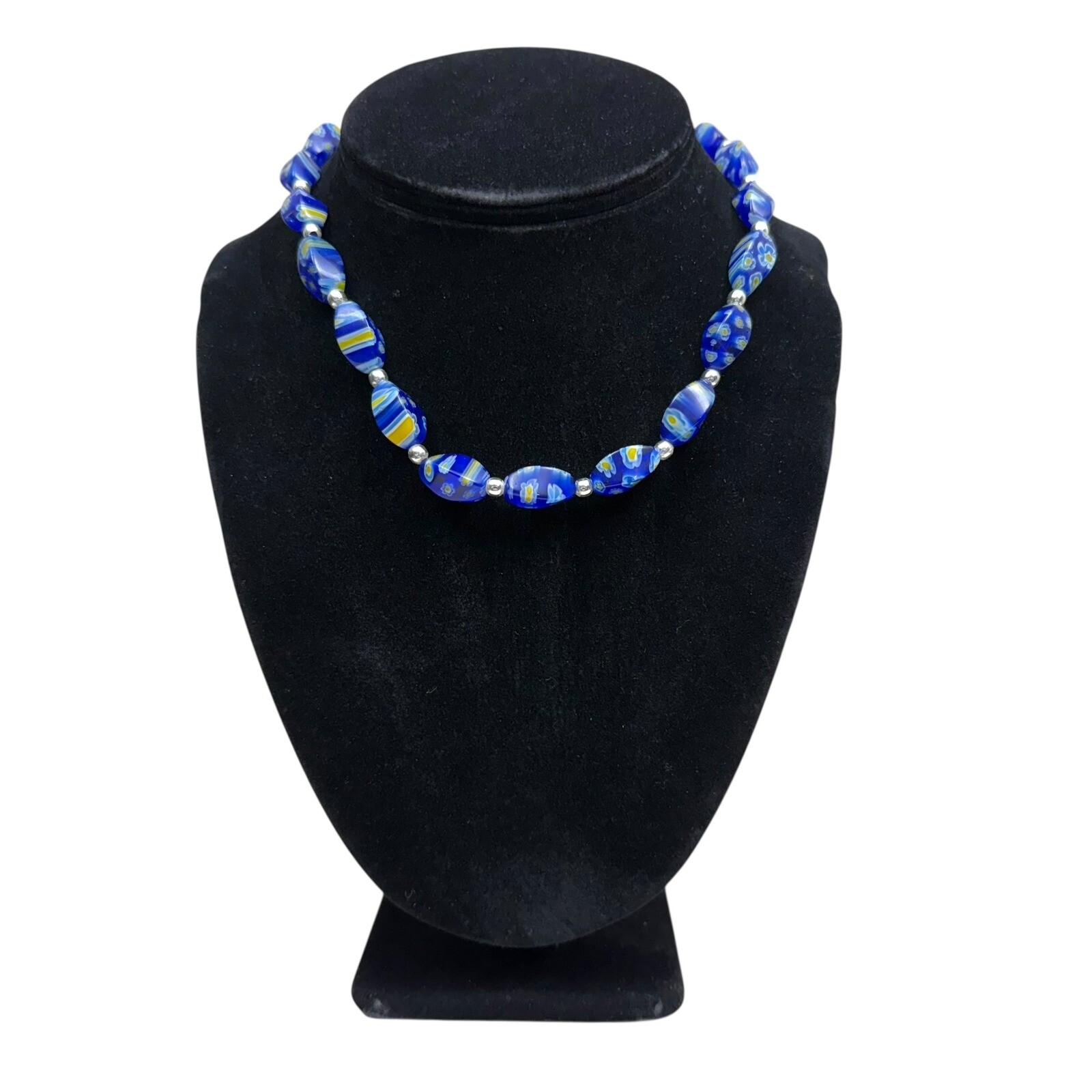 925 Silver Blue Millefiori Glass Beaded Necklace Floral Collar Accent 7.5 in L