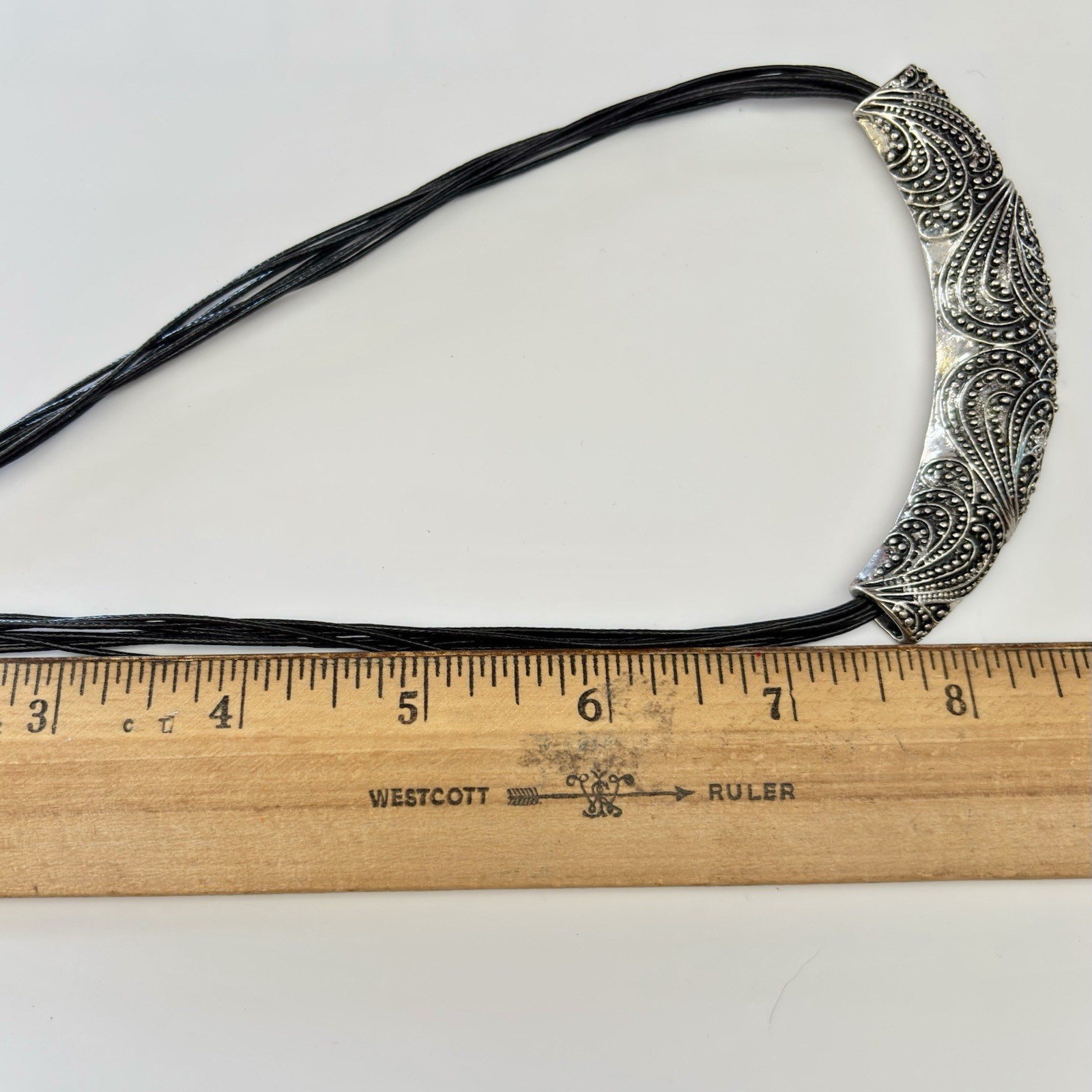 Choker Necklace Adjustable Multi Strand Black Cord Engraved Silver Toned Accent
