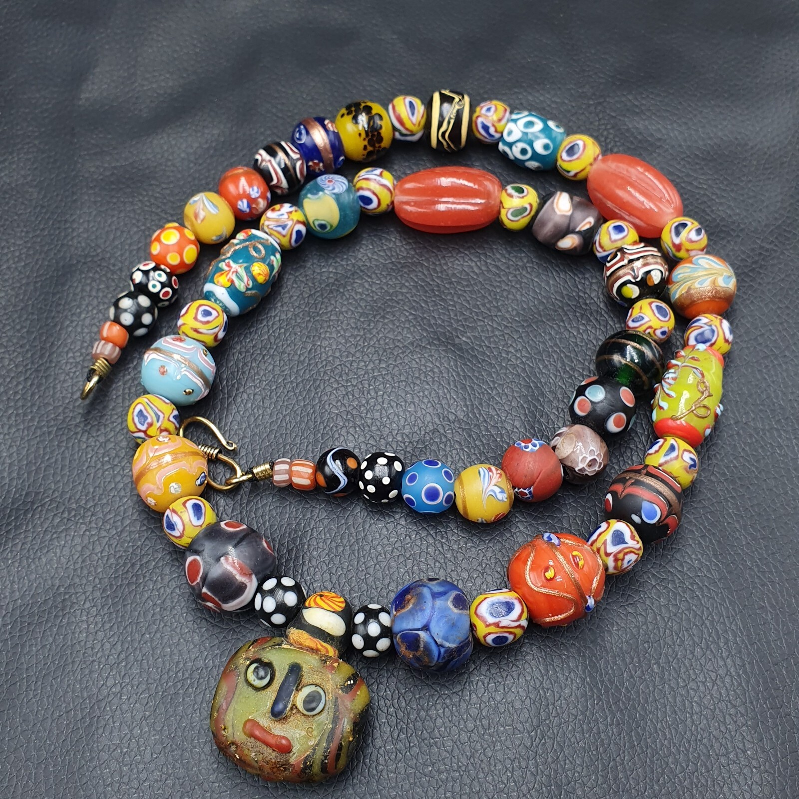 Vintage Venetian Style Mix Glass With Old Face Glass Pendant Necklace