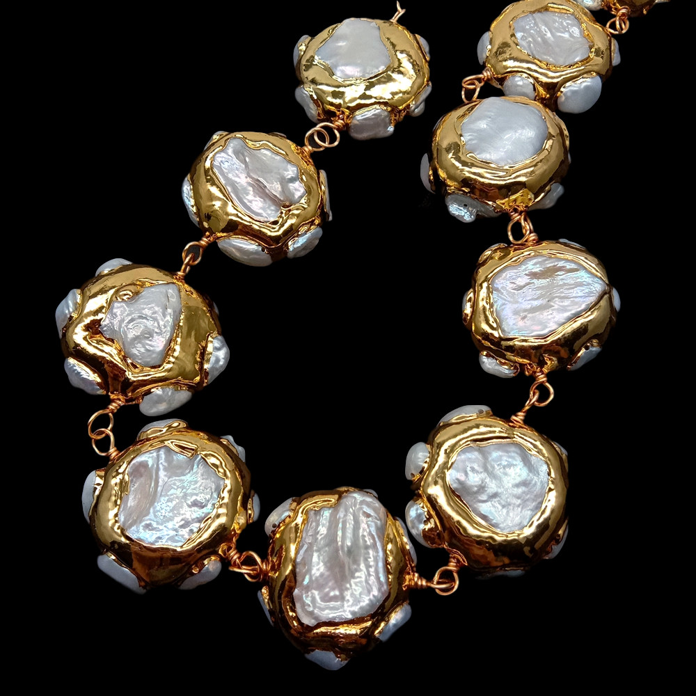 19.5″ Freshwater Cultured White Keshi Pearl Electroplated 24k Gold Necklace