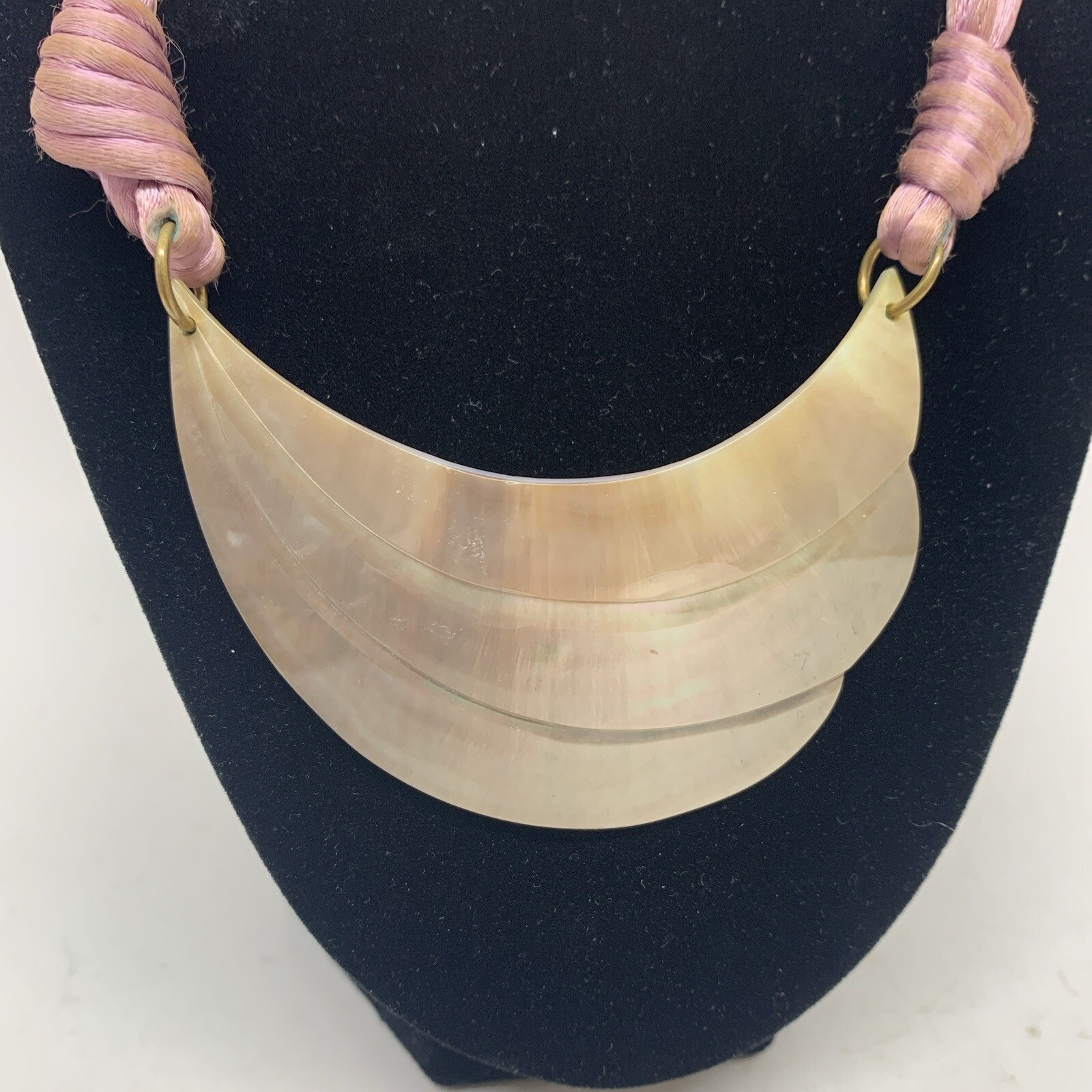 VTG 18” Mother Of Pearl Pendant Necklace W/2 Tone Silk Satin Cord