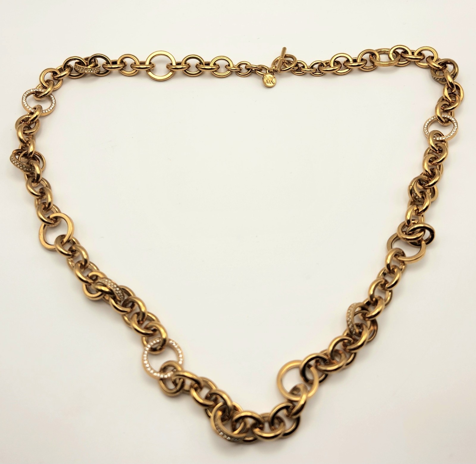 Michael Kors Gold Tone 26″ Rolo Link Necklace Crystal Pave Toggle Statement