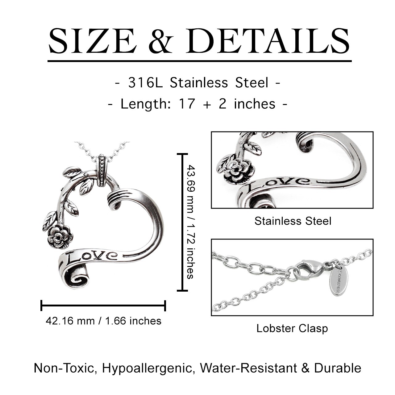 Controse Rose Garden Heart Necklace Stainless Steel Engraved Love Pendant