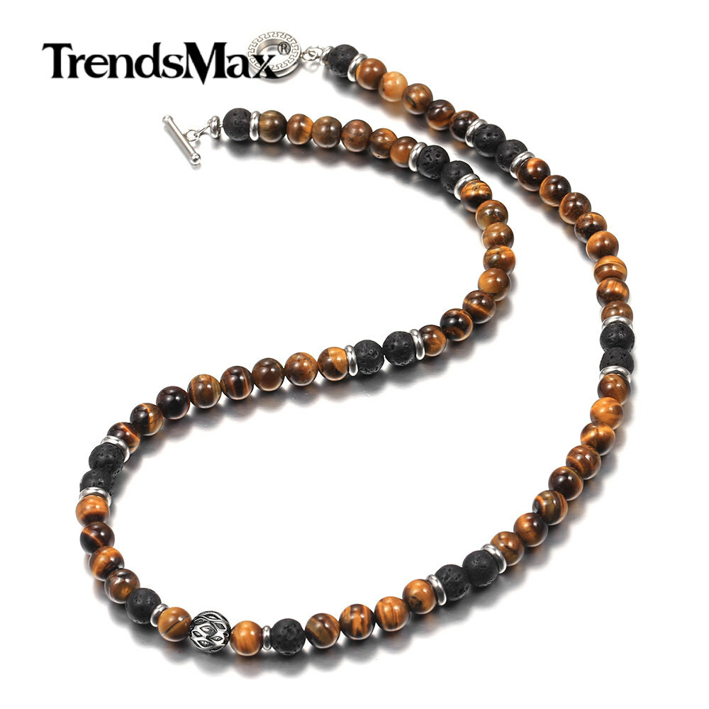 8mm 24″ Natural Tiger Eye Stone Lava Beads Necklace Stainless Steel Charm Choker