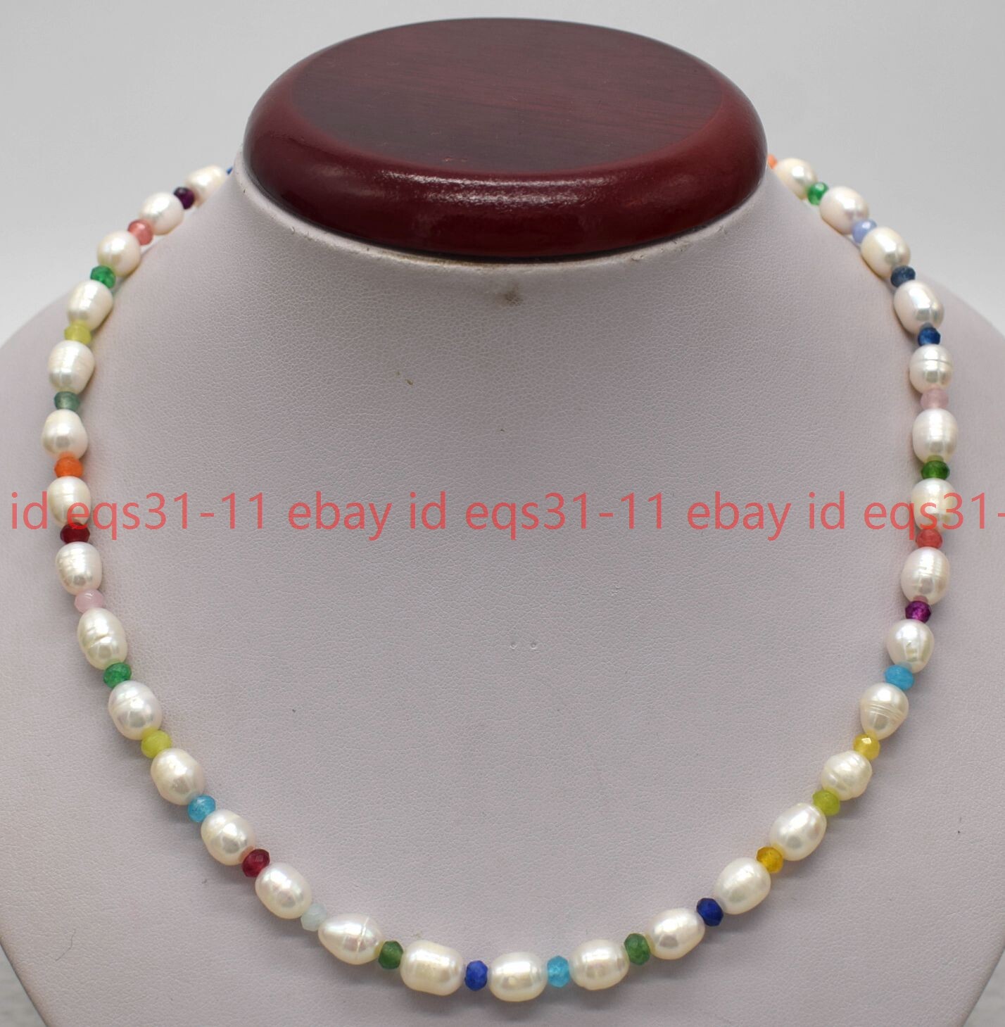 9-10mm White Baroque Pearl & 2x4mm Muliticolor Rondelle Jade Necklace 16-24″