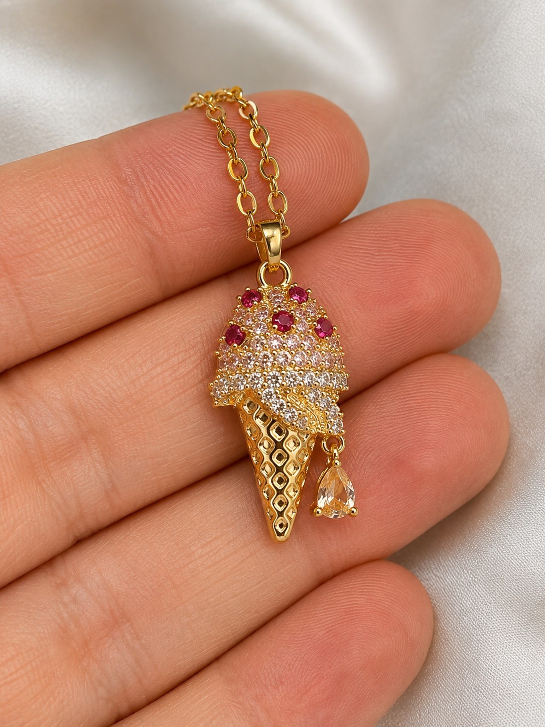 Ice Cream Cone CZ Crystal Pendant Necklace – Gold Tone, Pink Accents, 18″ Chain