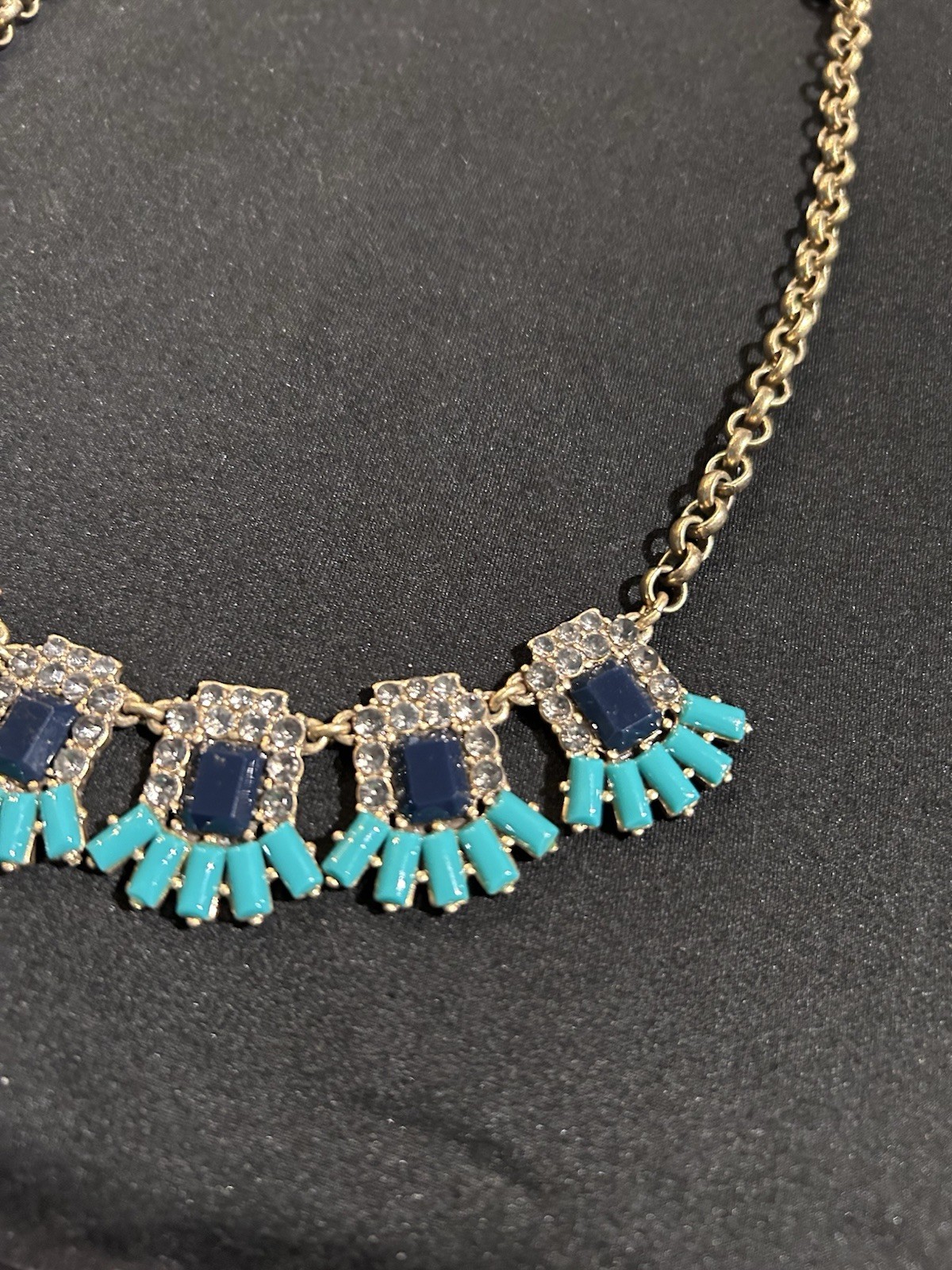 J.Crew – Gold Tone Statement Necklace Clear Crystal, Turquoise, Blue Pendants