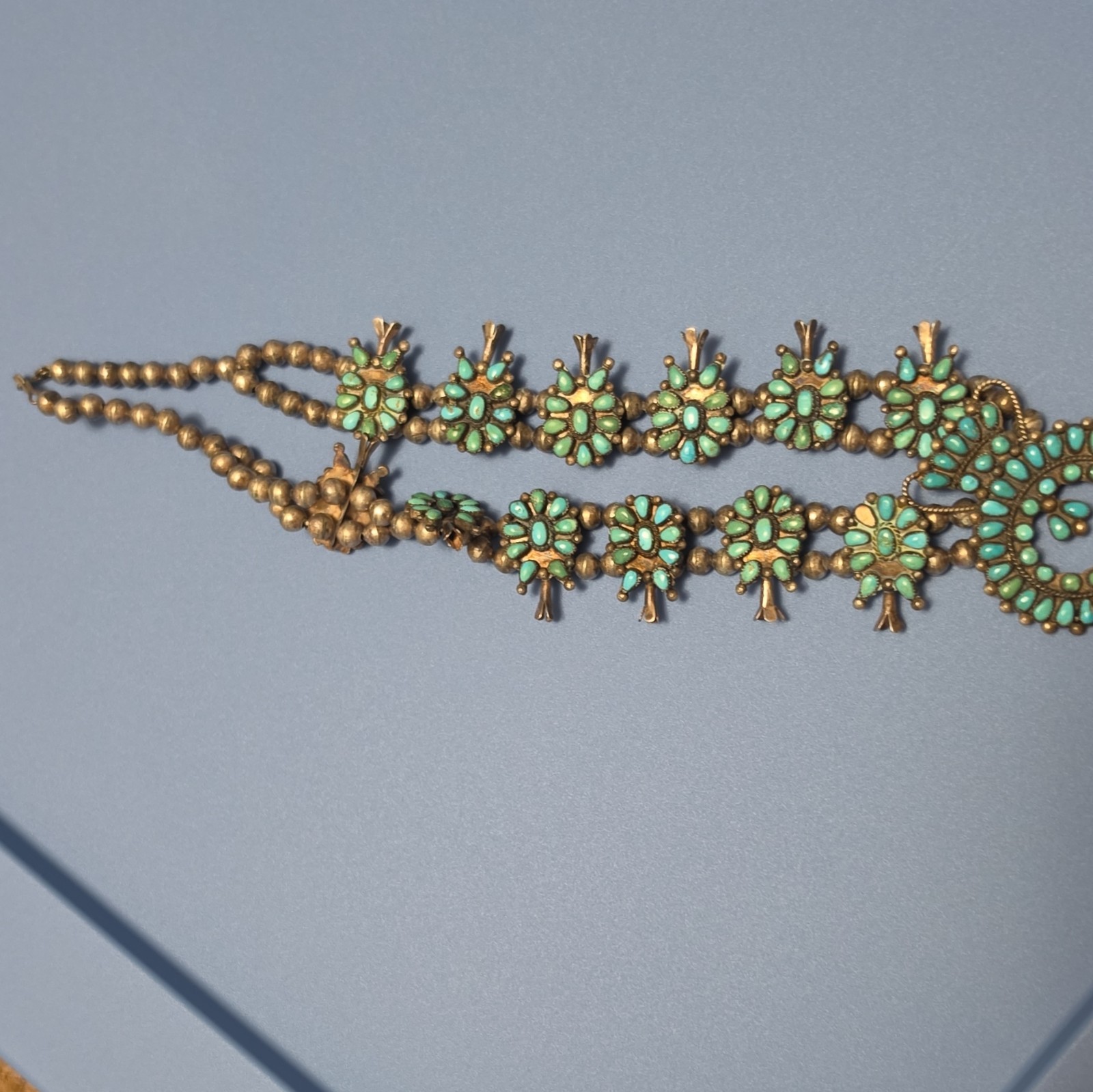 Gold Tone Turquoise Beaded Statement Necklace Crescent Pendant Western Ethnic