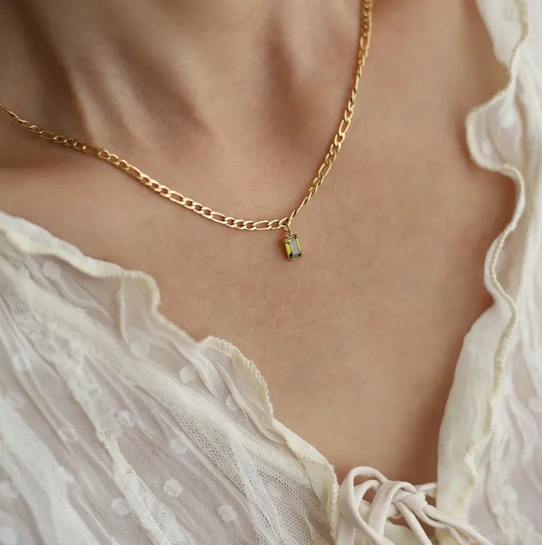 Gold Green Crystal Pendant Necklace Women CZ Emerald Cut Chain