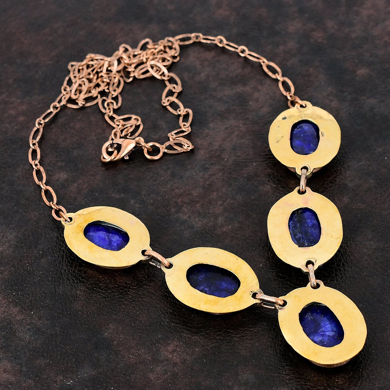 Womens day Sale Oval Blue Saphir Gemstone Copper Sister Bezel Necklace Jewelry