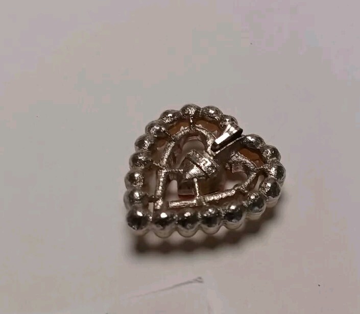 Avon Silver Tone Marked Heart Shaped Pink,colorless Stoned Faux Pearl Pendant
