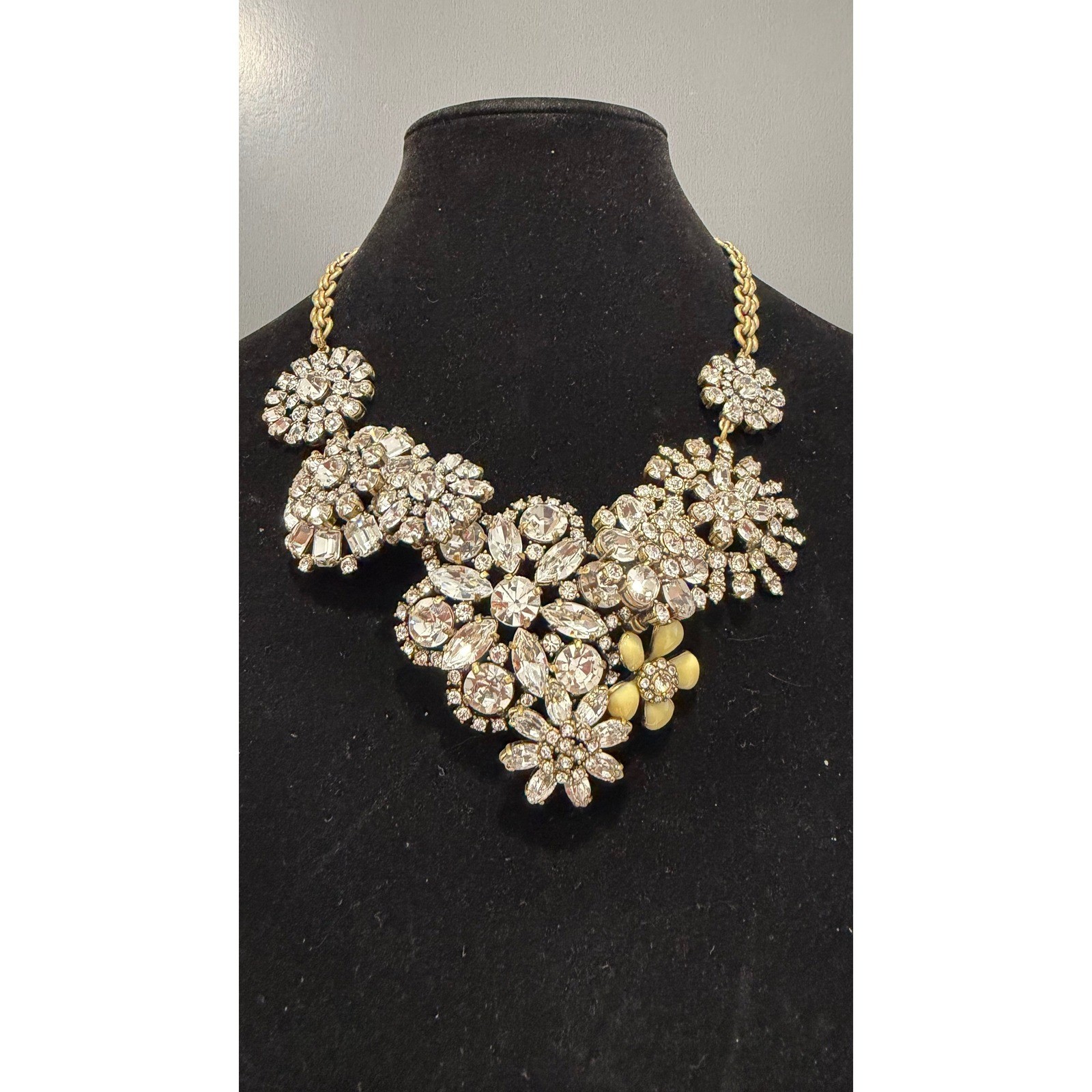 J.Crew Crystal Floral Statement Necklace Gold Tone Rhinestone Bib Wedding