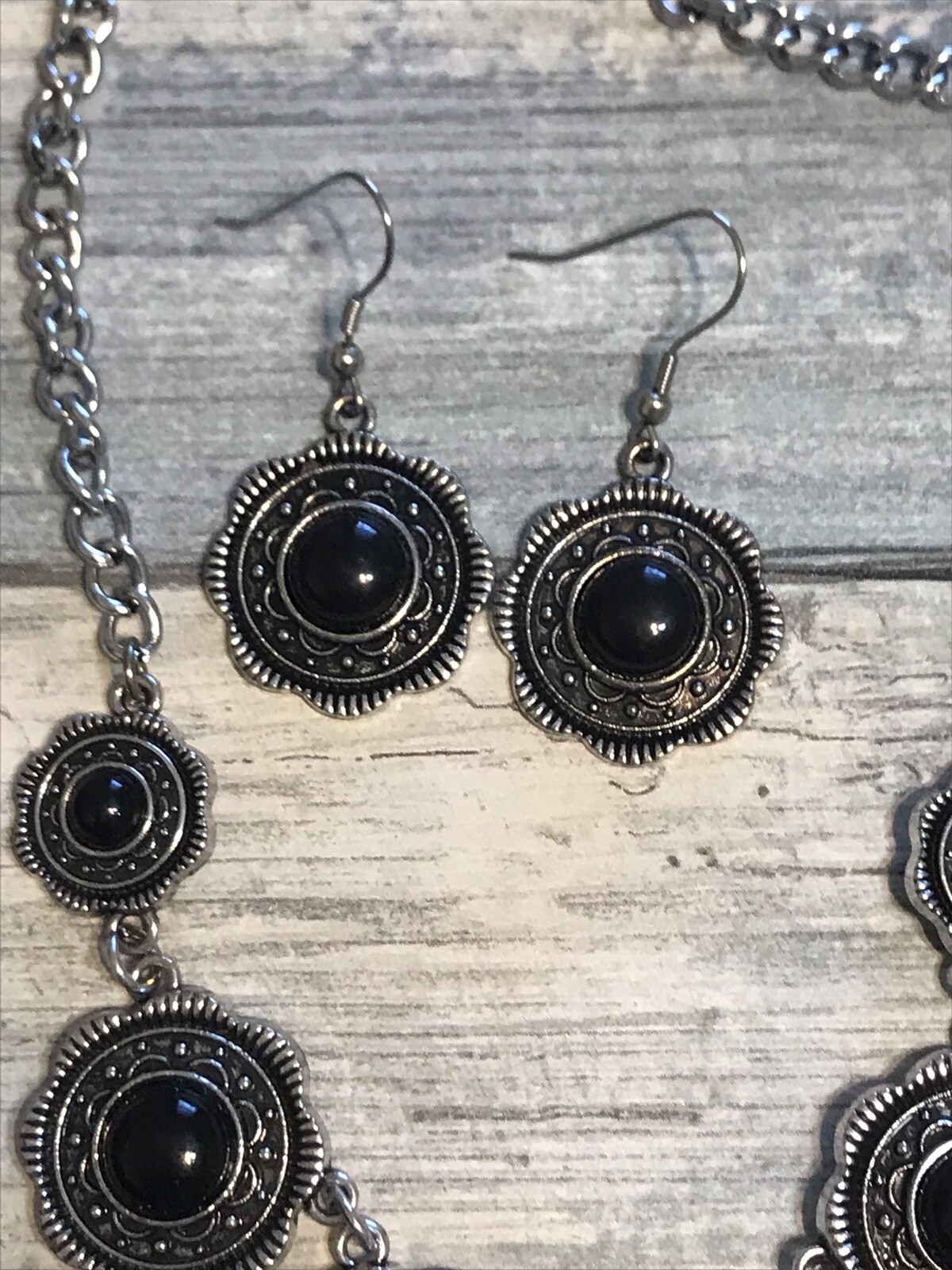 Lot Necklaces Earrings Silver Tone Chain Black Pendant Flowers Purple Set