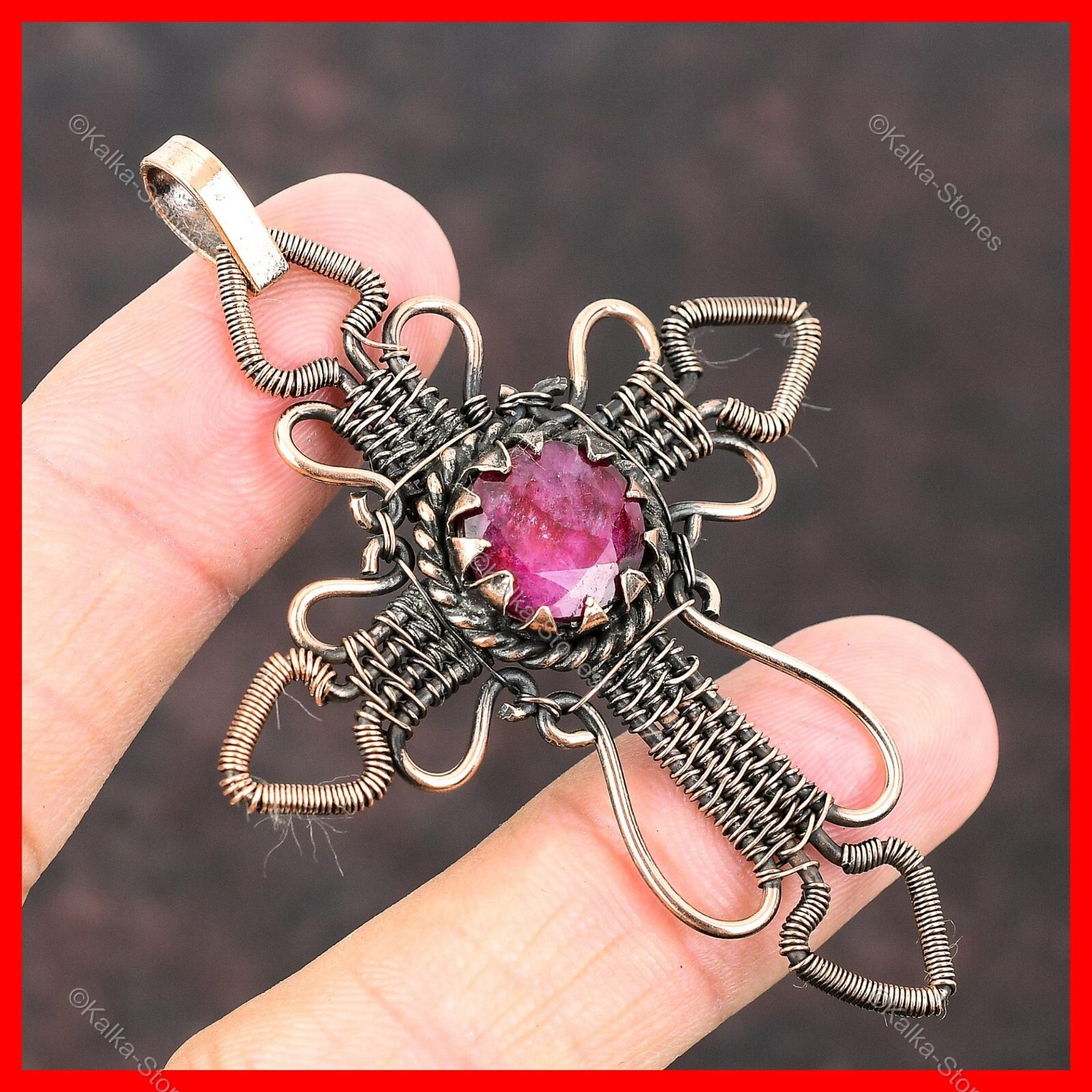 Kashmir Rubi Gemstone Copper Cross And Wire Wrapped Ethnic Wife Pendant Jewelry