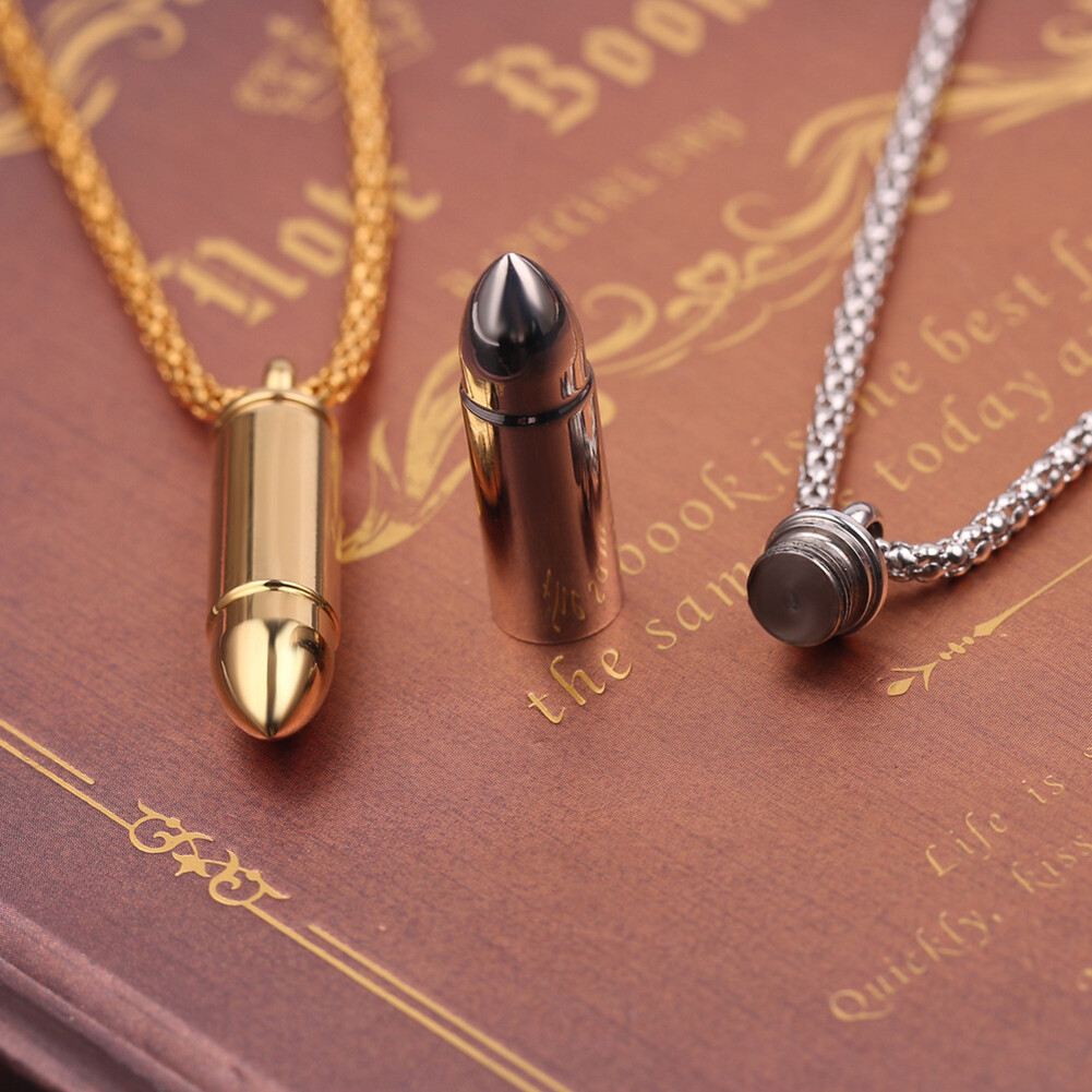 Mens Stainless Steel Necklace Open Bullet Pendant Pill Case Holder Male Jewelry