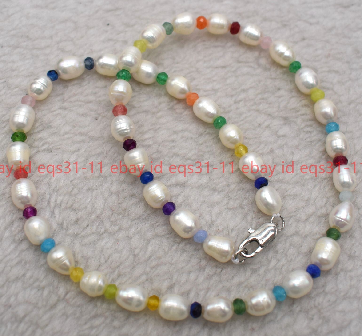 9-10mm White Baroque Pearl & 2x4mm Muliticolor Rondelle Jade Necklace 16-24″