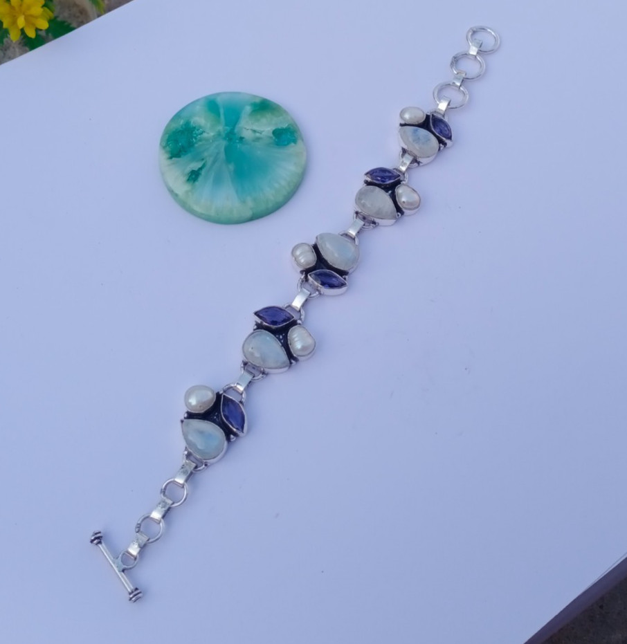 Natural Moonstone, Pearl, Amethyst Gemstone 925 Sterling silver Bracelet