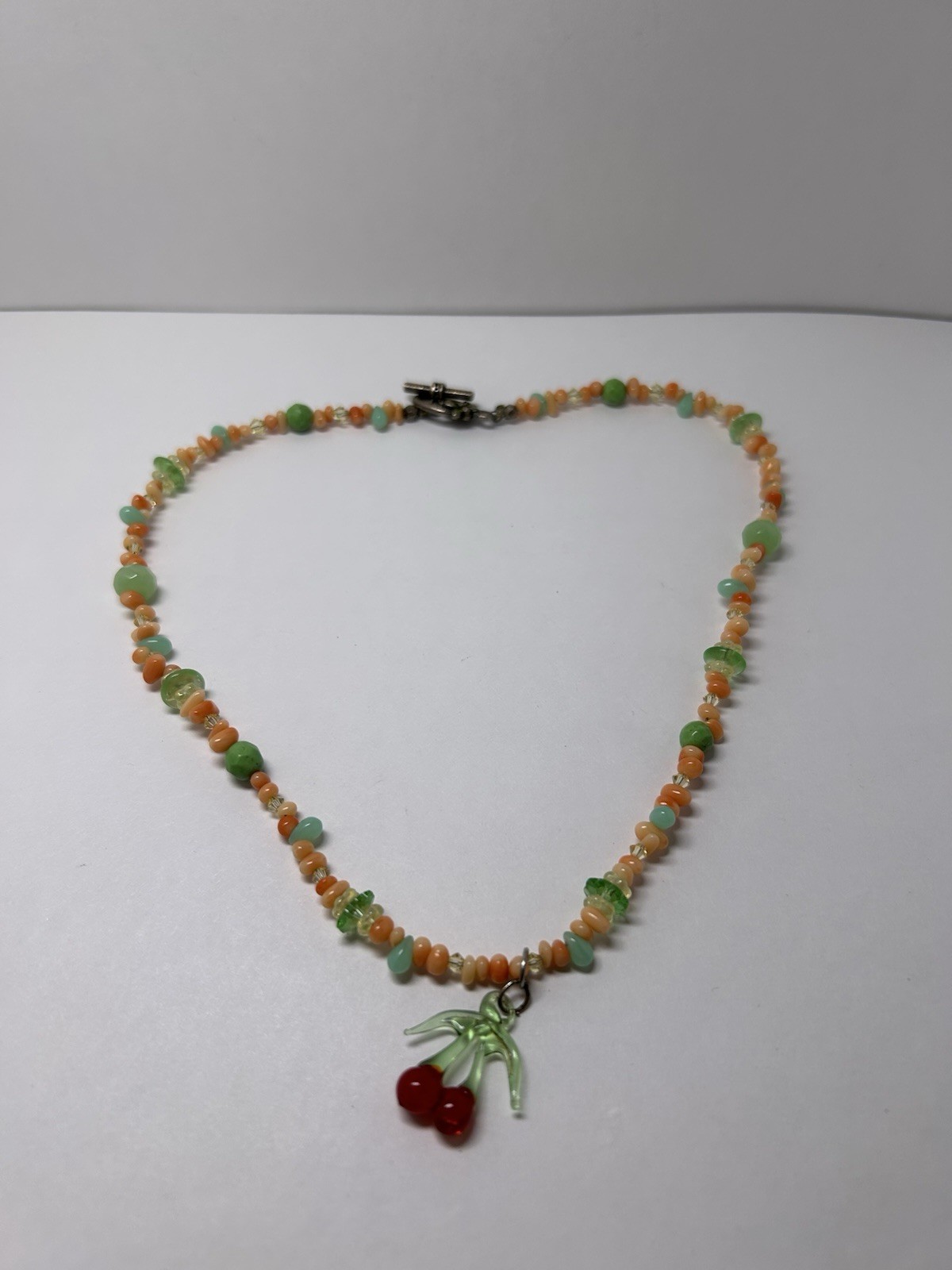Multicolor Chip Beaded Ball Chain Necklace w/ Cherry Charm Pendant Hook Clasp