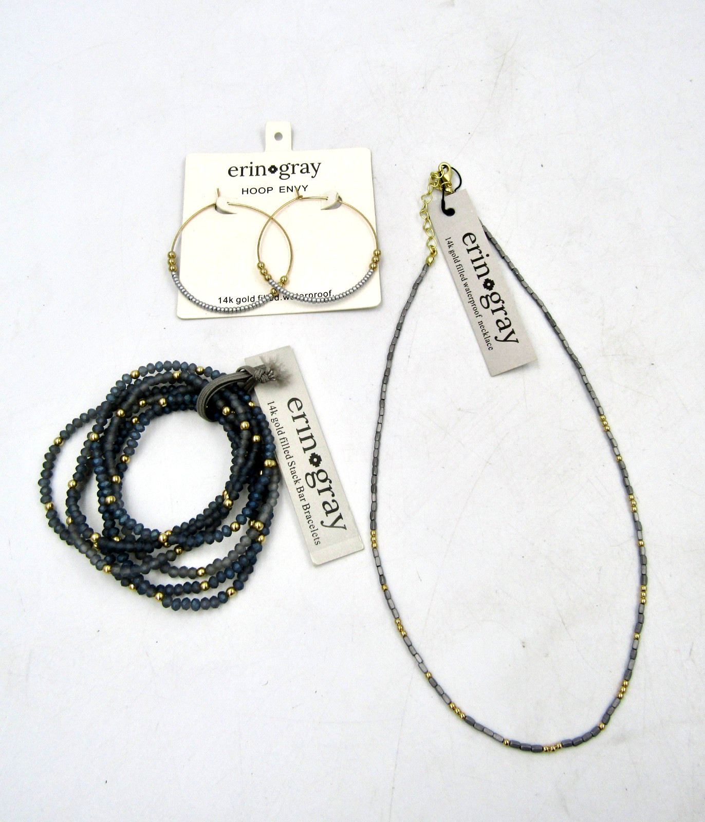 Erin Gray 14K Gold Filled Set of Necklace and Bracelet and Hoop Earrings NEW