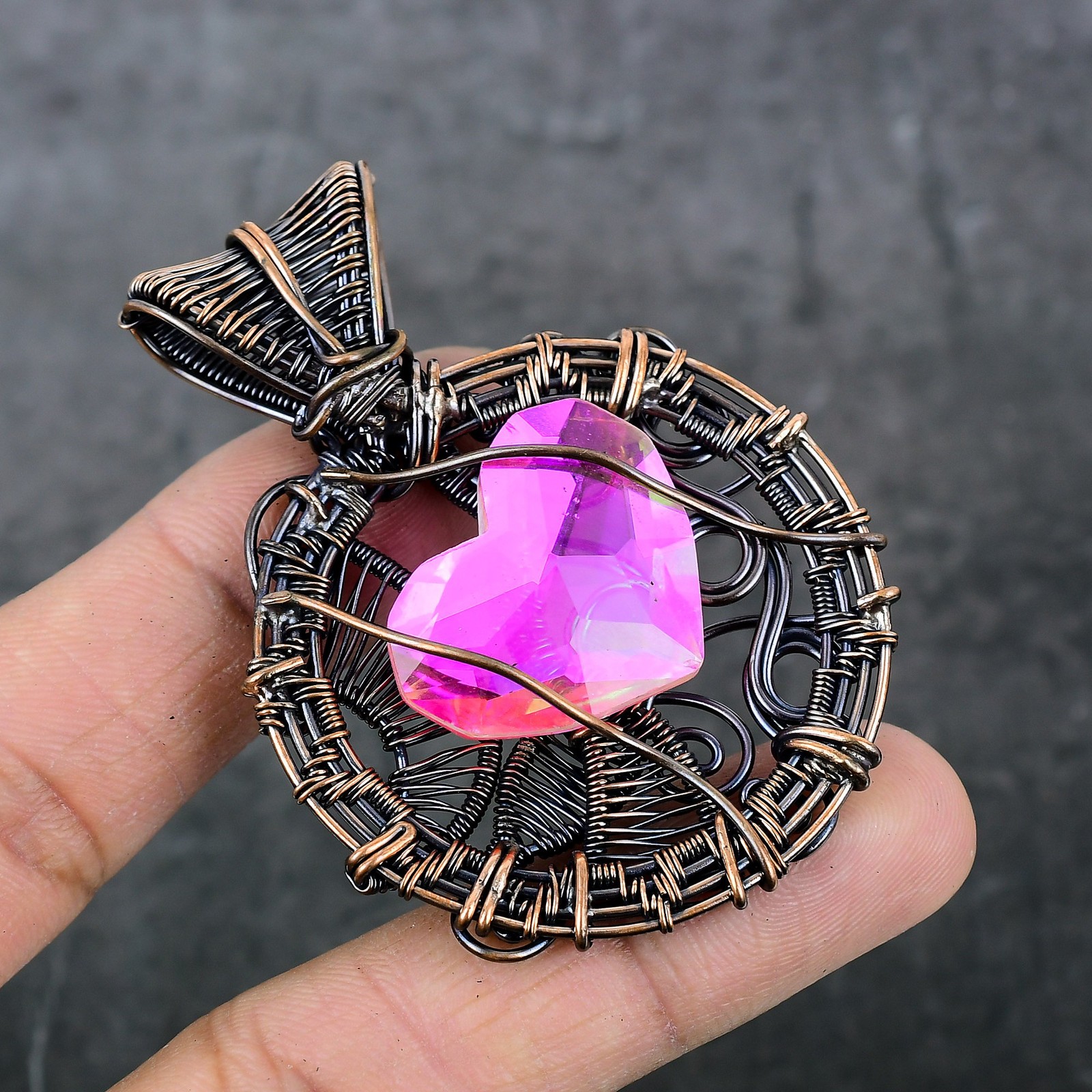 Bi-Color Tourmaline Gemstone Copper Wire Wrap Jewelry Pendant 2.60″ C853