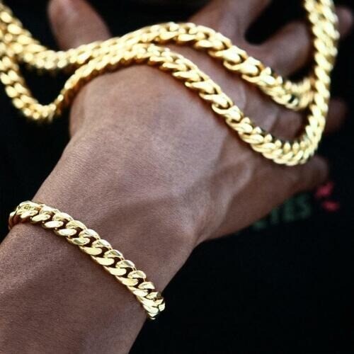 24inch Heavy Miami Cuban Link Chain Solid 14K Gold Plated Hip Hop Men’s Bracelet
