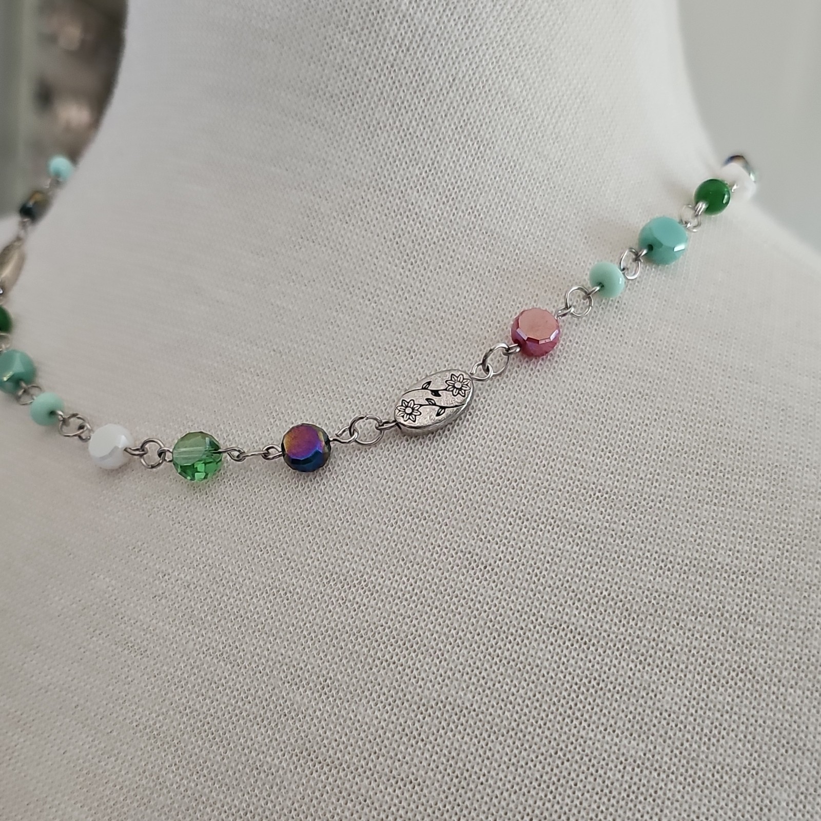 Handmade Multicolor Round Glass Beaded Cable Chain Necklace w/ Lobster Clasp 18″
