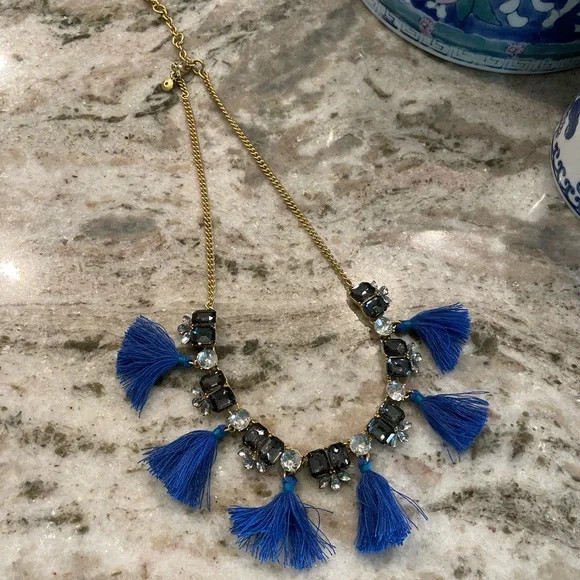 J Crew Blue Tassel Crystal Statement Necklace Gold Tone Mixed Gemstone Fringe