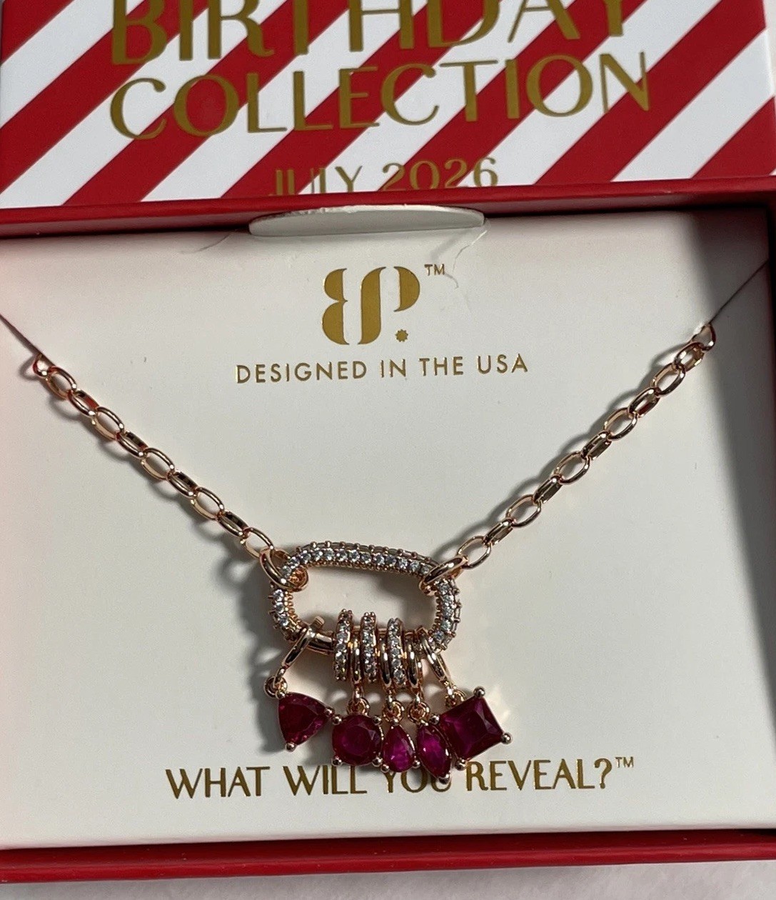 Bomb Party July 2026 “The Anastasia Necklace” Rose Gold/Ruby (Carabiner) NIB