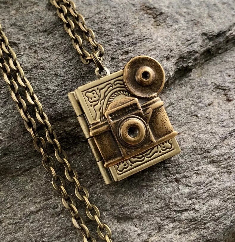 Vintage Camera w/ Flash Bulb Photo Book Locket Necklace, Antique Brass