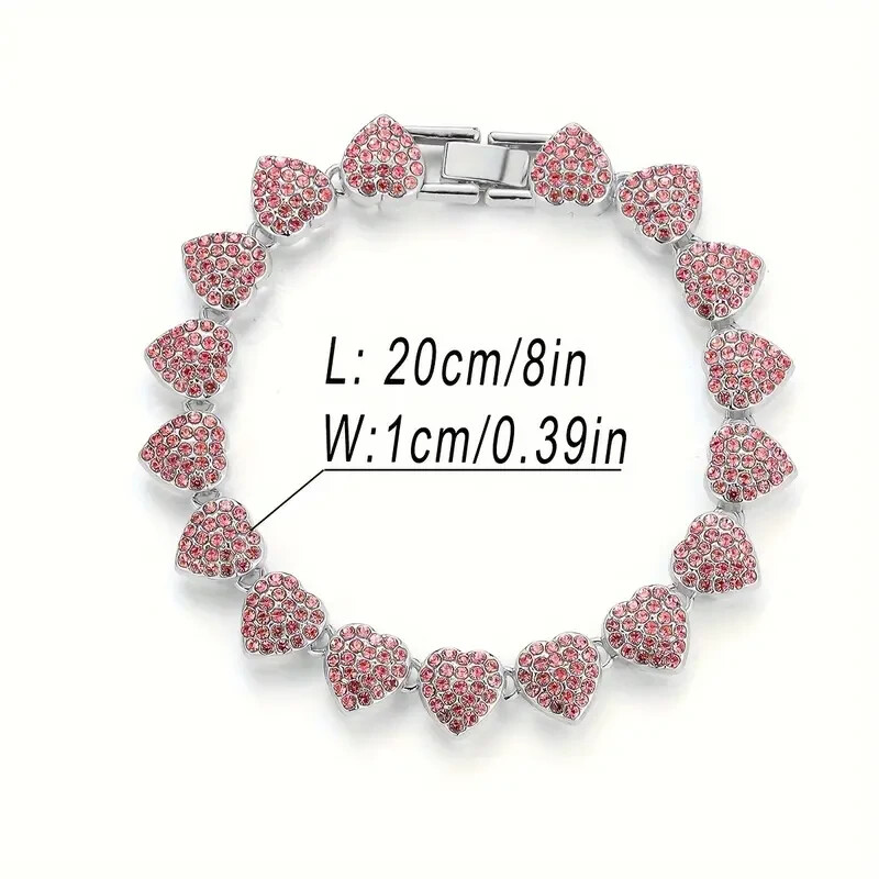 Women Necklace & Bracelet Iced Heart Chain Bling Pink Cubic Zirconia Silver Tone