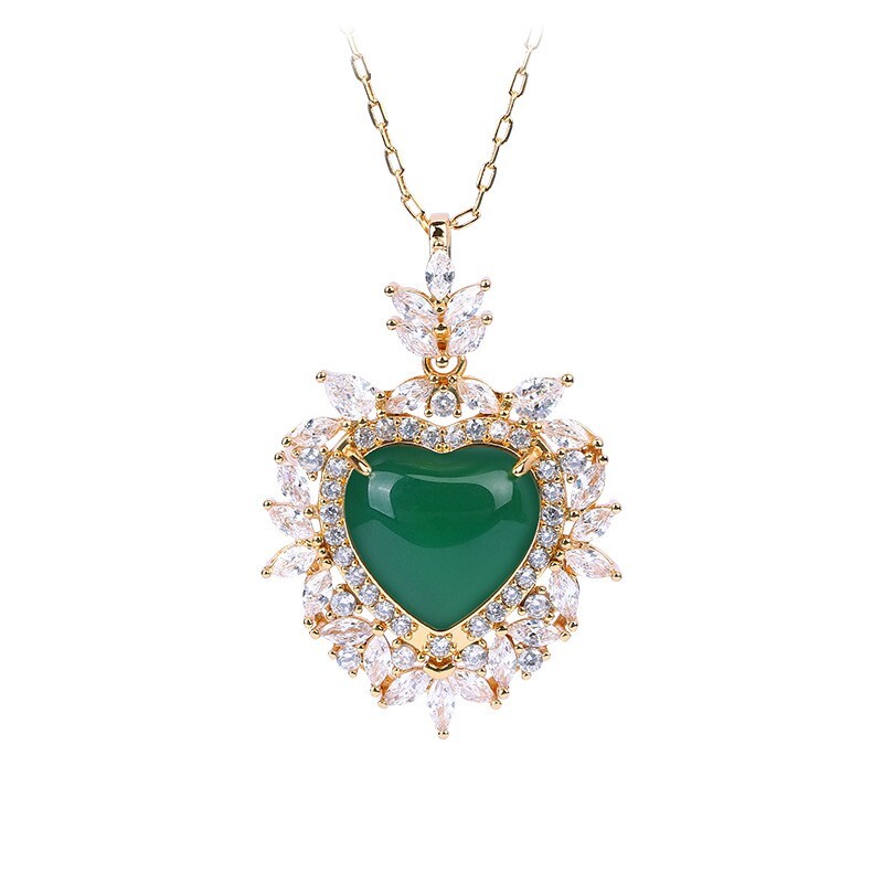 Green Jade Crystal Heart Pendant Necklace Charm 18K Gold Plated Chain Gemstone