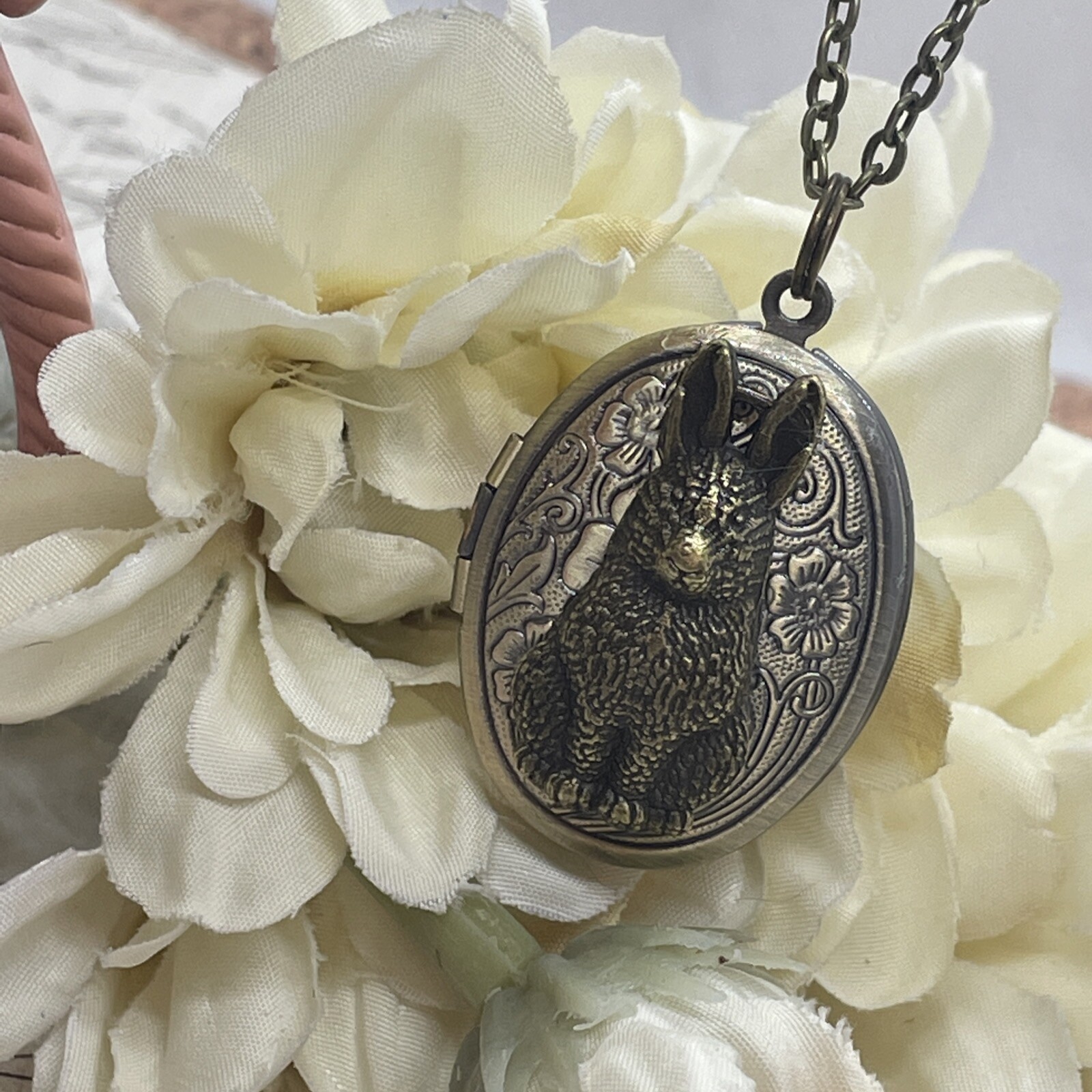 BUNNY RABBIT Locket Necklace JEWELRY Pendant PHOTO bronze Picture Birthday Gift