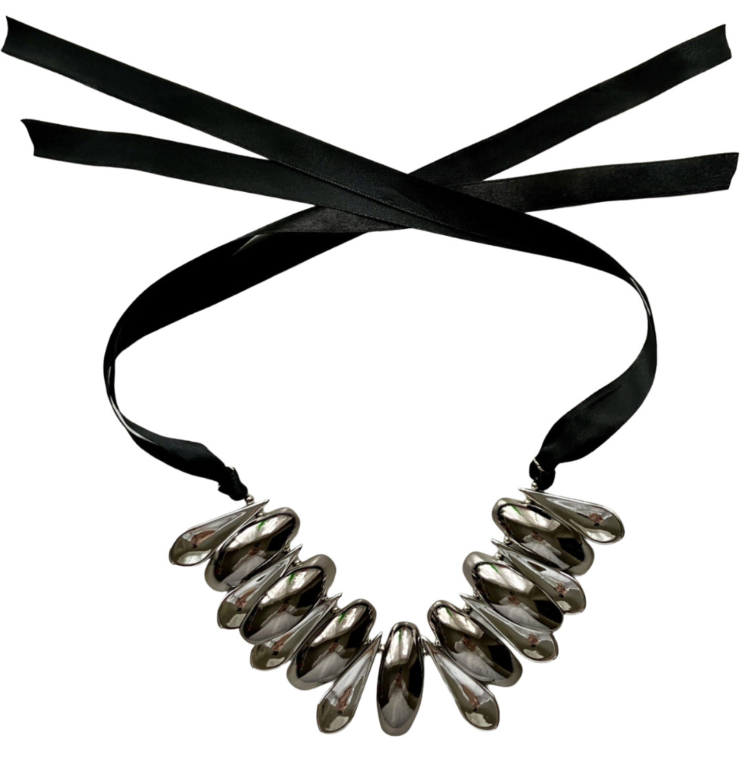Statement Silver Gunmetal Tone Collar Necklace Nugget Choker Bib Adjustable Ties