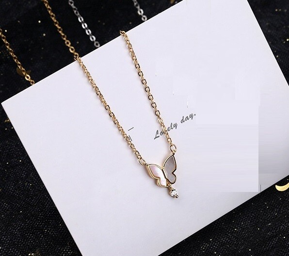 Gold Titanium S.Steel Flower Butterfly Shell Pendant Chain Necklace