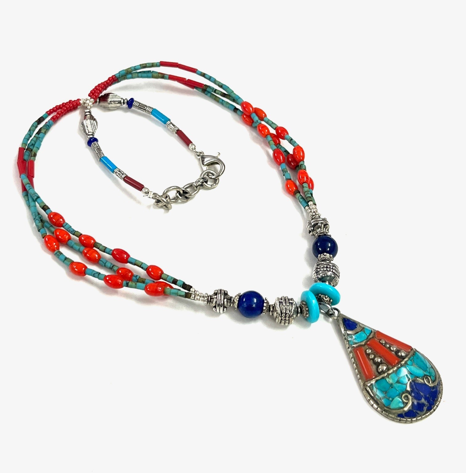 Antique Coral Turquoise Gemstone Tibetan Art Deco Necklace Jewelry, 18 inch Adju