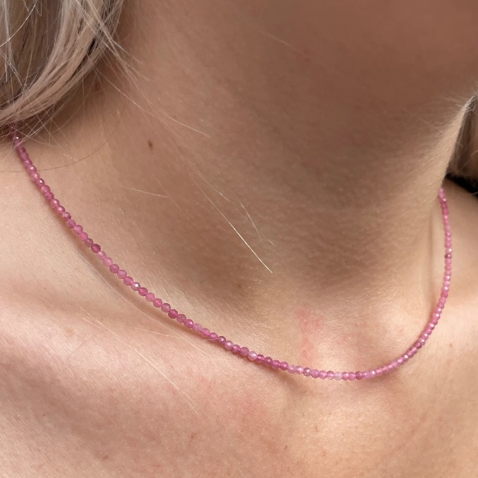 Natural Crystal Choker 2mm Pink Tourmaline Beaded Women Healing Boho Necklace