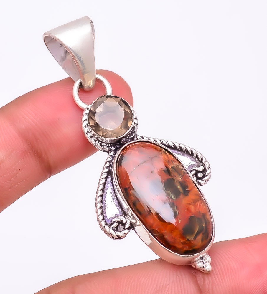 Natural Red Jasper, Smokey Quartz Gemstone 925 Silver Plated Pendant 2.2″ T305