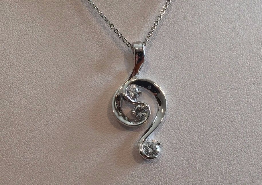 925 STERLING SILVER WAVE SHAPE 3 STONE PENDANT NECKLACE1 CT LAB CREATED DIAMOND