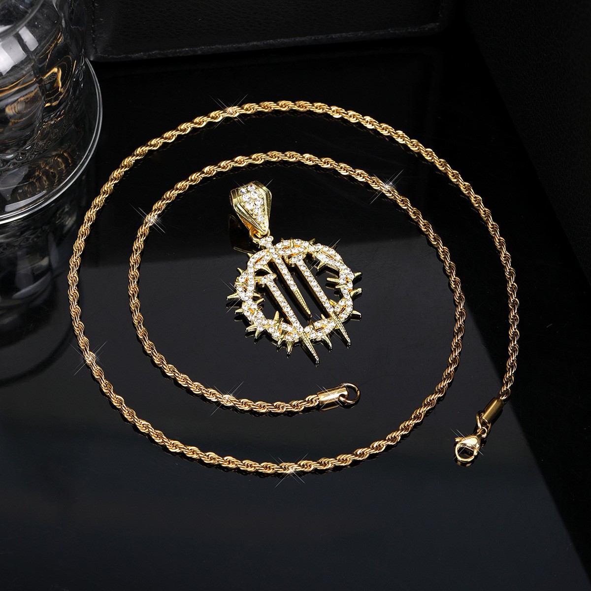 Iced Thorn Spikes Pendant Necklace Stainless Steel Twisted Rope Chain Unisex