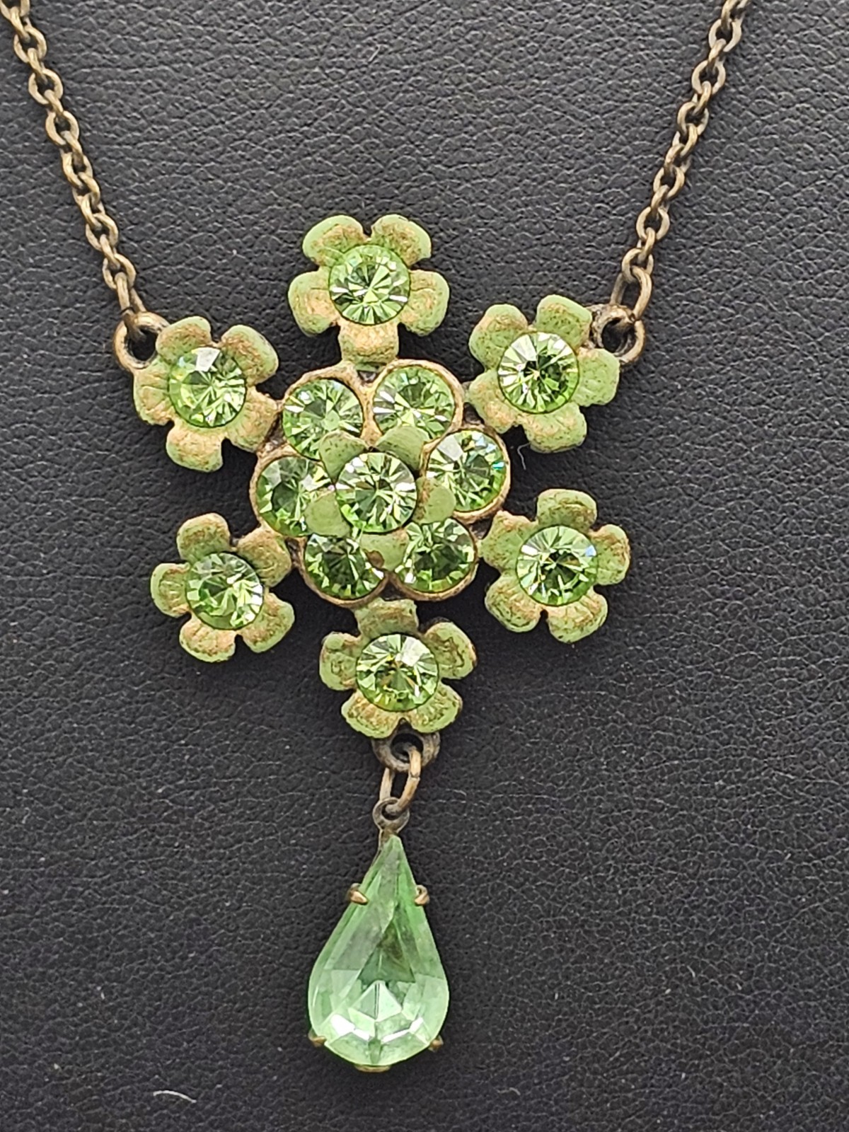Signed Michal Negrin Peridot Green Swarovski Crystal Floral Necklace Bronze Tone