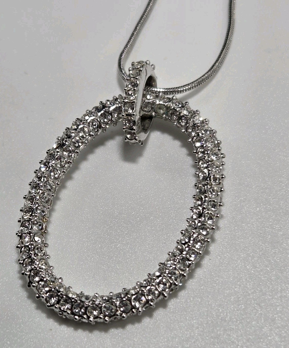 Park Lane? Unmarked Silver Tone Oval Necklace 20″ Clear CZ Cubic Zirconia Pave