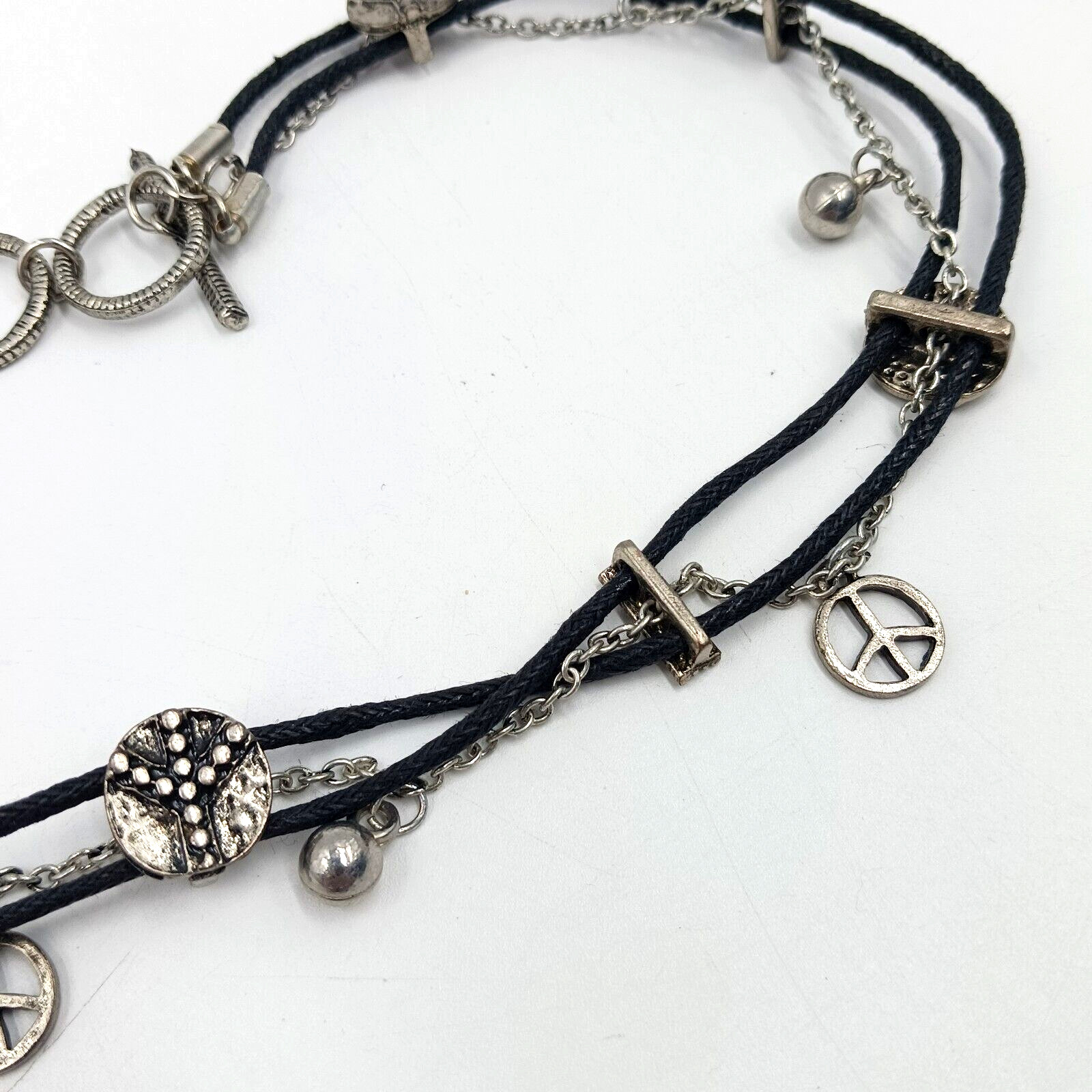 TYJ Collection Choker Necklace Peace Signs Corded And Chain Layered Brown 14″