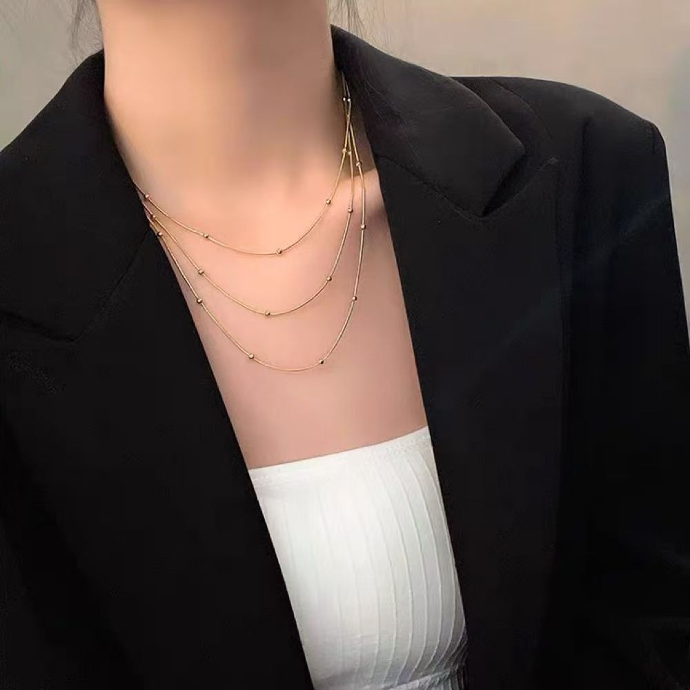 Woman 18K Gold Plated 3 Layers Beaded Snake Chain Necklace Anti-tarnish