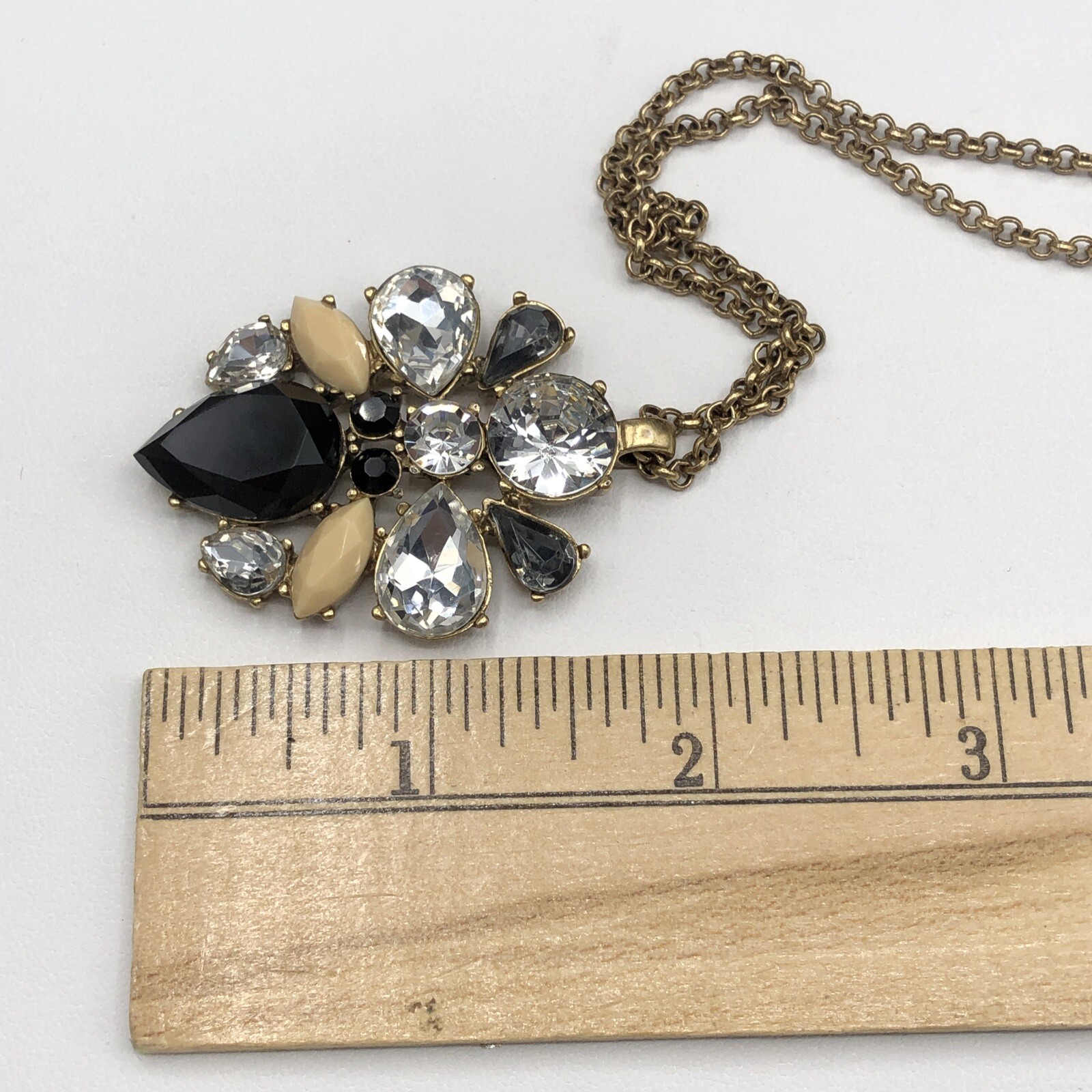 J CREW Pendant Necklace Neutral Crystals Black Clear Tan Antique Gold Tone w Bag