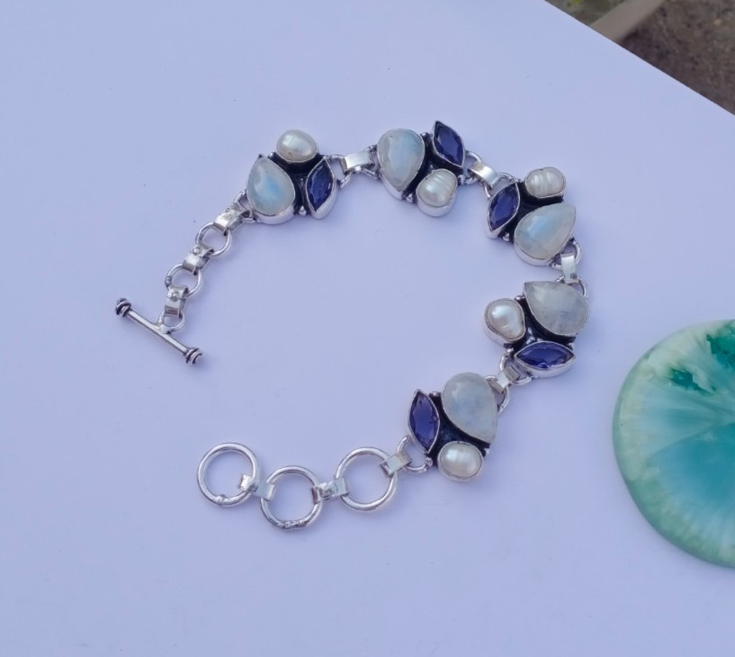 Natural Moonstone, Pearl, Amethyst Gemstone 925 Sterling silver Bracelet