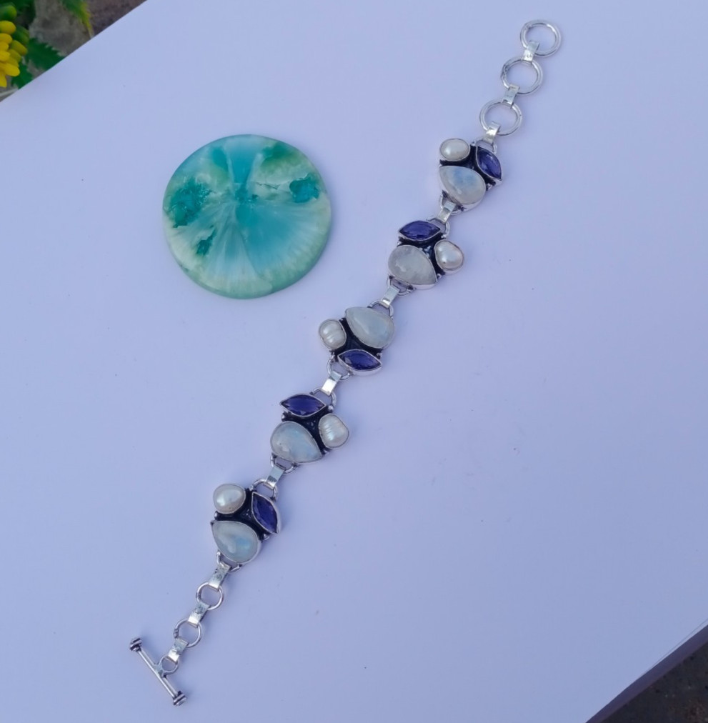 Natural Moonstone, Pearl, Amethyst Gemstone 925 Sterling silver Bracelet