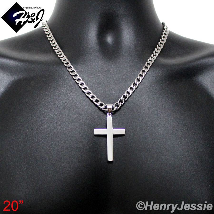 18-40″MEN Stainless Steel 4/5/6/7mm Silver Curb Necklace Plain Cross Pendant*P64