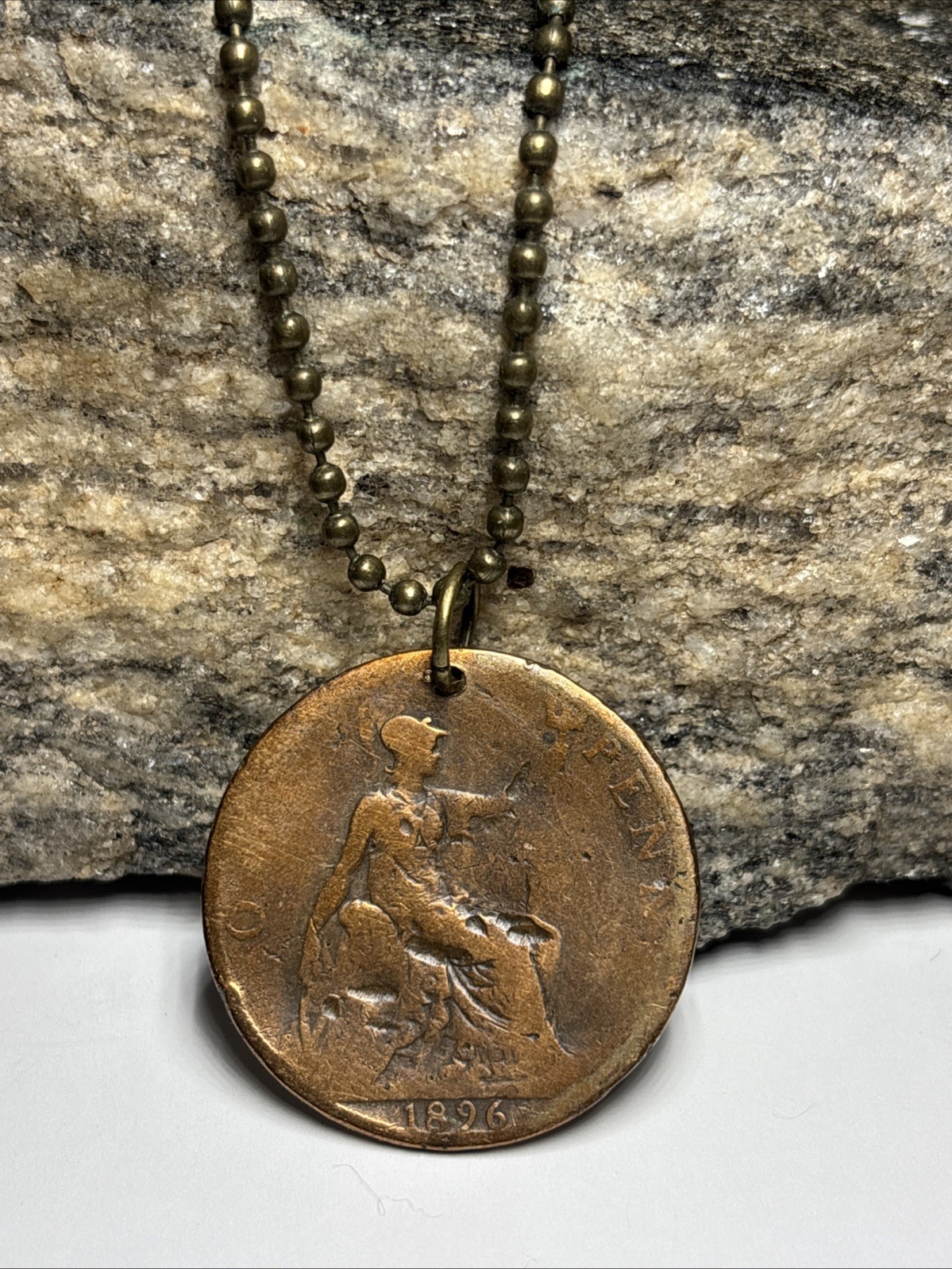 1896 UK Real Circulated P. Bronze Coin Pendant. Queen Victoria. Wear History!
