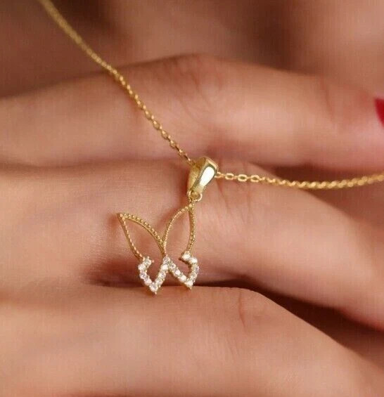 Women Butterfly Pendant Necklace Round Simulated Diamond 14K Yellow Gold Plated